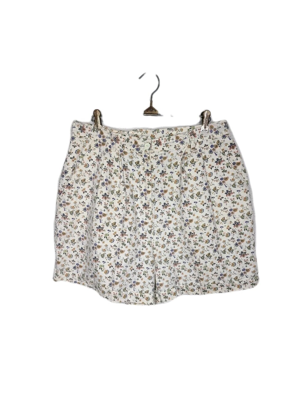 1990s Calico Pleated Mom Shorts Cotton XL Ramie High Waist Valerie Harbor Retro